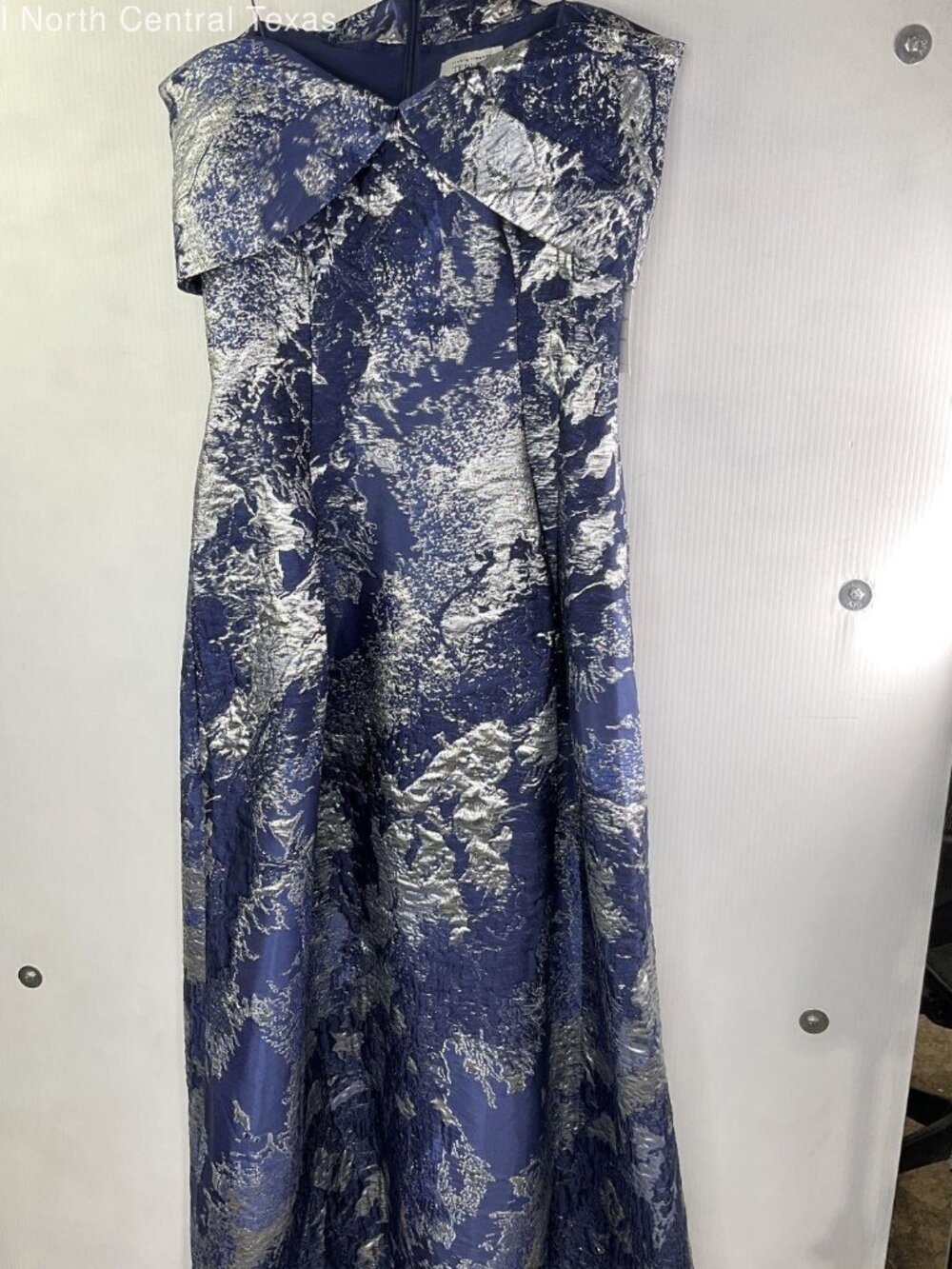 Teri Jon Rickie Freeman Blue Silver Off Shoulder Jacquard Gown